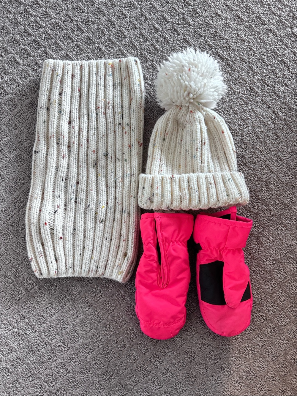 Kids Cream Knit Pom Beanie & Neck Warmer with Bright Pink Waterproof Mittens